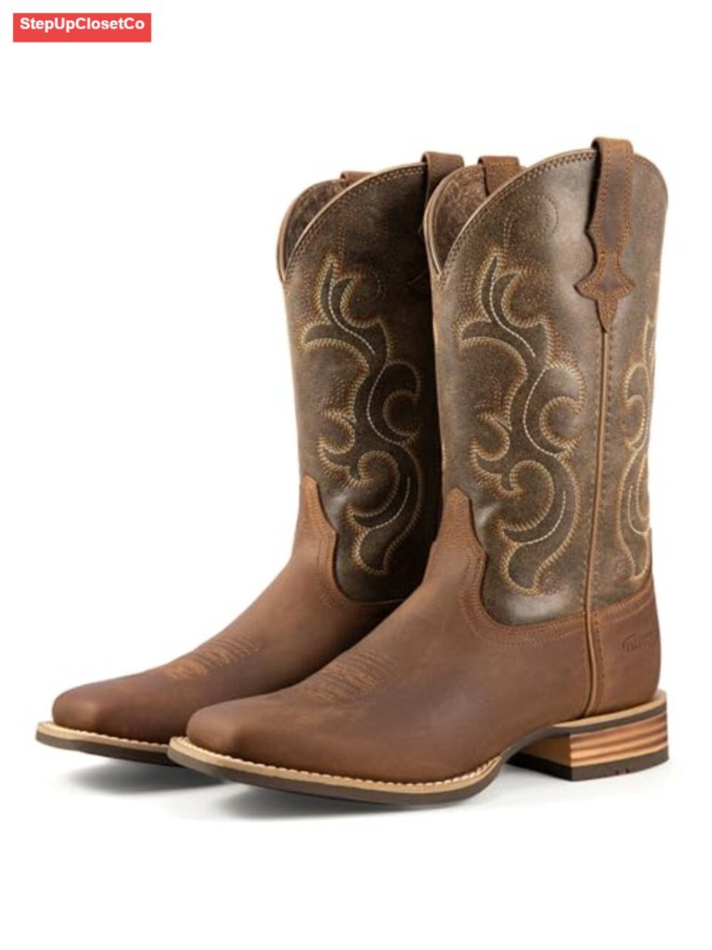 Leather hand-embroidered mid calf chunky heel cowboy boots